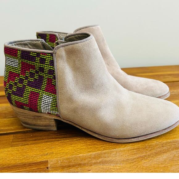 Sam Edelman Beige Suede Leather Embroidered Ankle Boots Southwestern Aztec - Picture 1 of 8